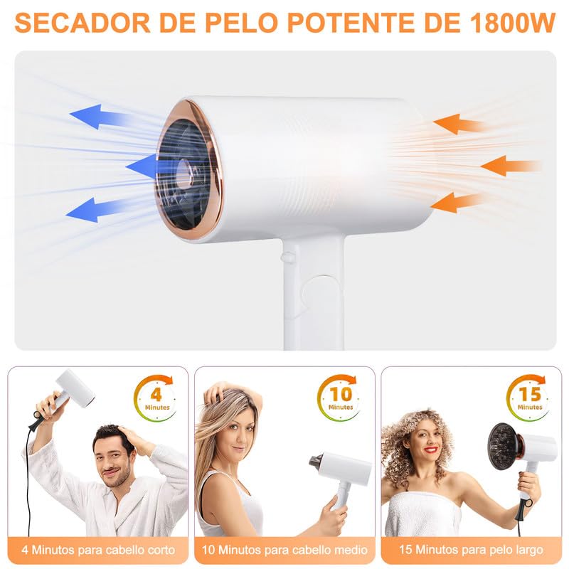 Secador de Pelo de Iónico Negativo Profesional, 1800W con 3 Temperatura Ajustable (Frío y Caliente), Secador de Soplado Plegable con Soplado y 1 Difusor para Hogar, Salón de Belleza, Viajes - Blanco