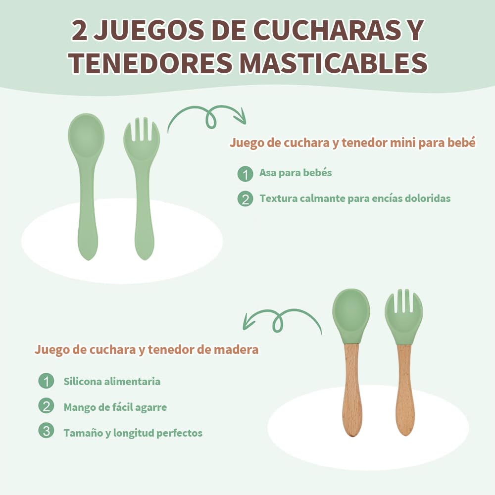 FINYQBET Platos Para Bebés De Silicona Con Tazón Cuchara Tenedor Babe,Set de 8 Piezas para Bebés,Plato para Bebe con Ventosas, Ajustable,VERDE