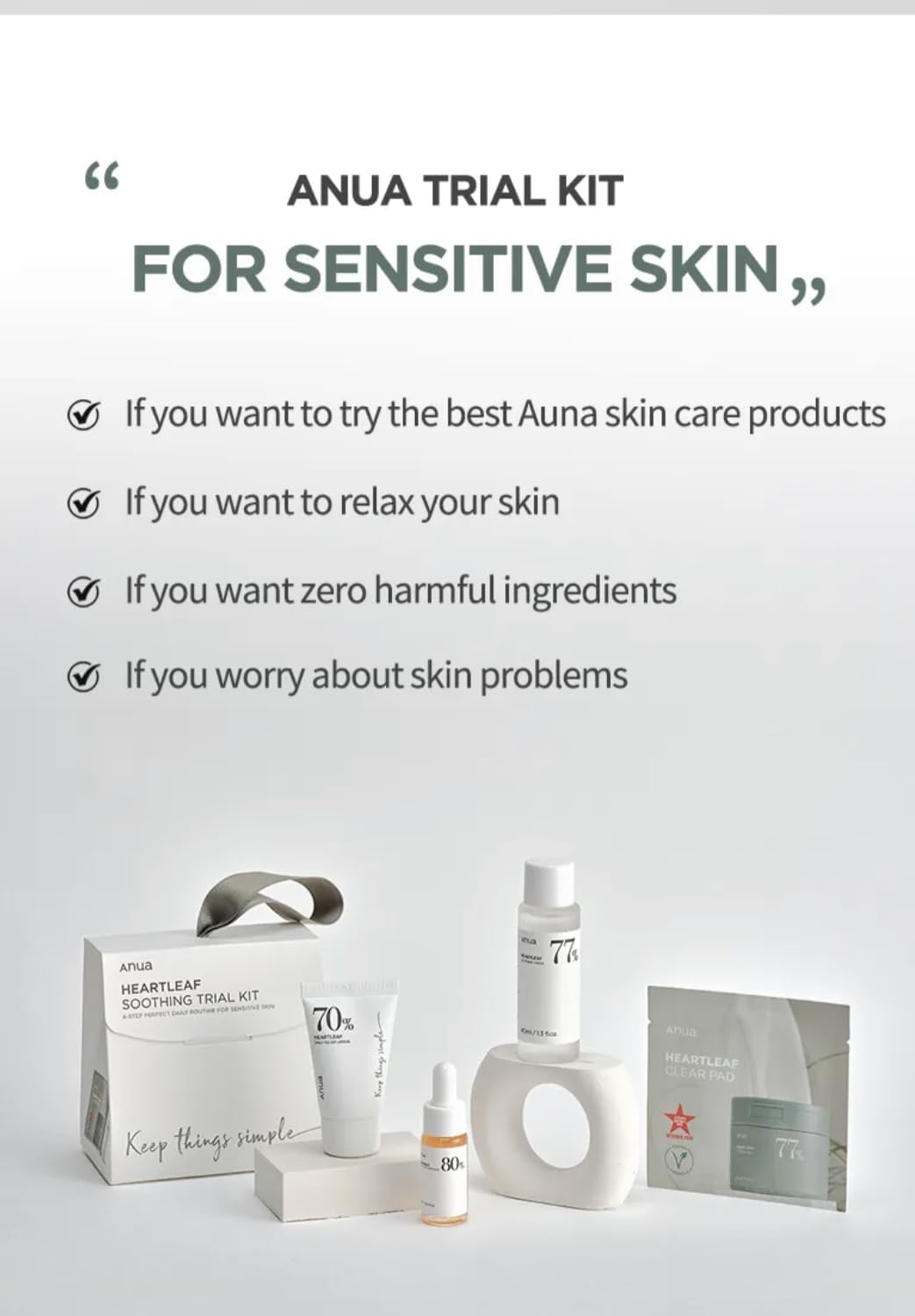 ANUA- Kit coreano de prueba de suavizado Heartleaf | tamaño de viaje, set de regalo con almohadilla transparente Heartleaf 77, Heartleaf7