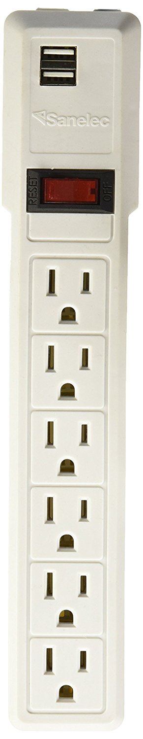 Barra Multicontacto Sanelec Blanco con Supresor de Picos, 6 Entradas y 2 Entradas USB