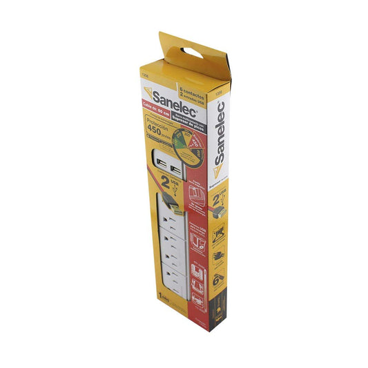 Barra Multicontacto Sanelec Blanco con Supresor de Picos y 2 USB para Protección de Sobrecargas