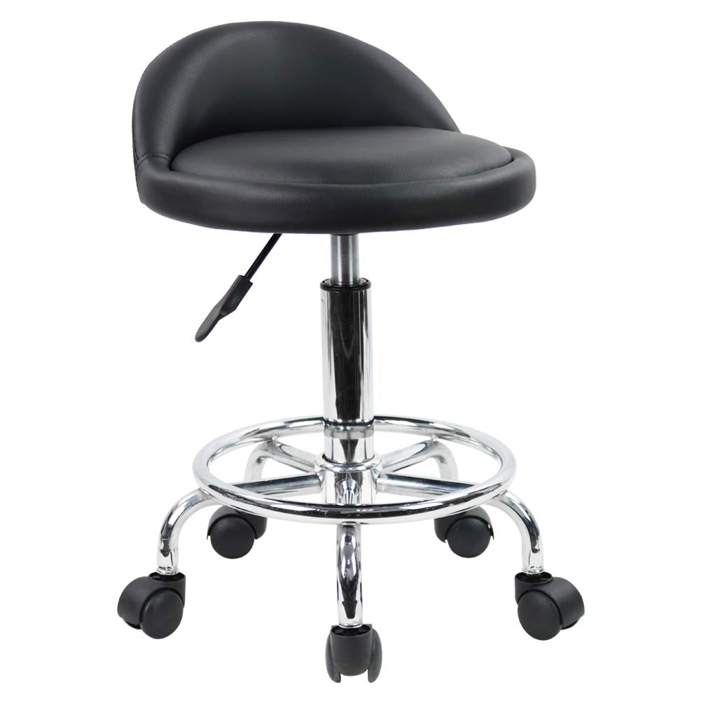KKTONER Taburete de Cuero Artificial con Respaldo Giratorio Taburete con Ruedas de Altura Ajustable con Ruedas para Pintar Tatuaje Masaje SPA Tienda Taburete de Trabajo con Pedal (Negro)