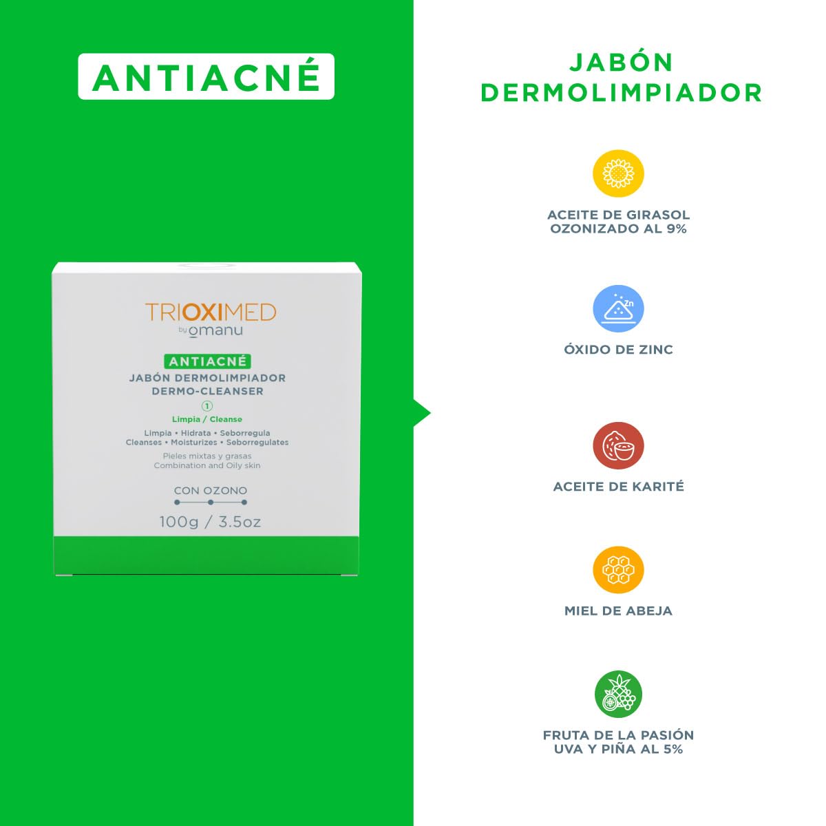 TRIOXIMED Jabón Dermolimpiador Antiacné con Ozono, para Piel Mixta y Grasa, 100g (2 piezas)