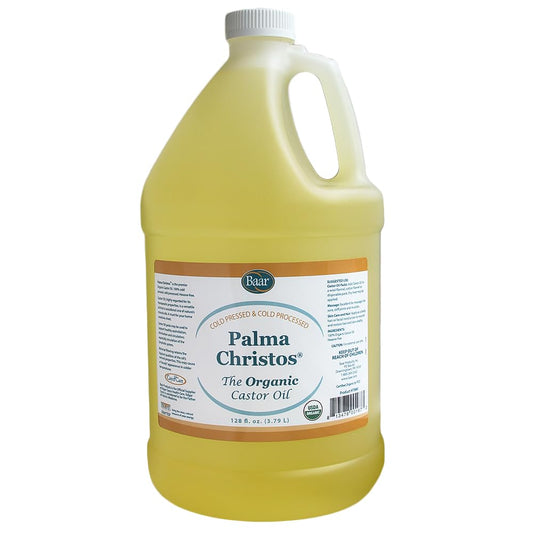 Baar Aceite de ricino orgánico, 100% puro, prensado en frío, sin hexanos, aceite de ricino orgánico para cabello, pestañas, cejas, paquetes, piel, eliminaciones y muchos más. Exclusivo Palma Christos marca, 3.78 L