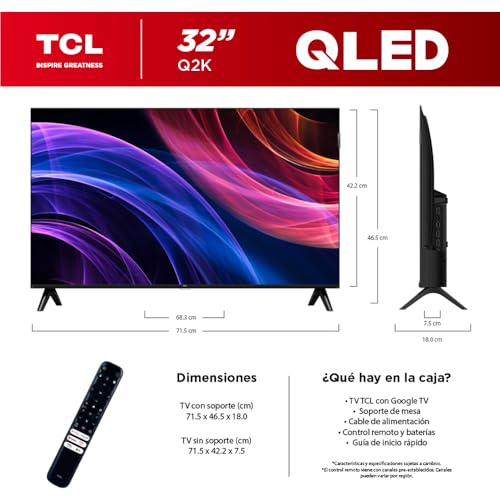 TCL Smart TV Pantalla 32" 32Q2K Android TV HD QLED Google Cast | Alexa | 2K HDR10| NITS 300 | Panel 60 Hz | Dolby Digital+