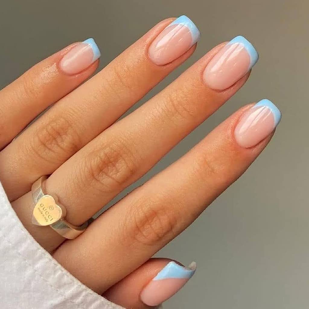 RikView Uñas a presión con punta francesa, uñas ovaladas, uñas postizas brillantes, uñas postizas con diseño de cubierta completa (azul)