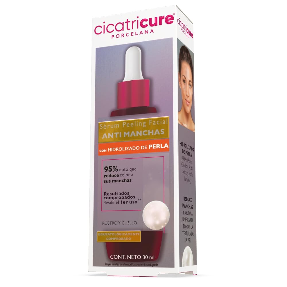 CICATRICURE - Porcelana Serum Peeling Facial. Efecto anti-manchas con hidrolizado de perla, mejora la textura, luminosidad y claridad de la piel. Uso para rostro y cuello, botella con 30ml