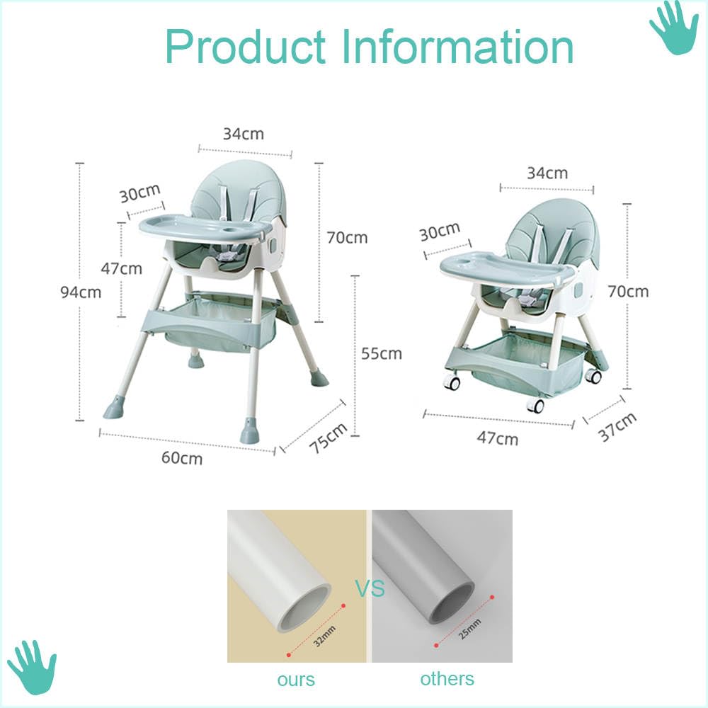 Silla alta para bebe, silla periquera para comer silla para bebe 6 en 1 con babero vaso entrenador y plato de comida, facil de armar, plegable multifuncion (Verde)