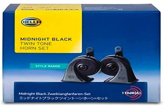 HELLA Set de 2 Bocinas de Caracol Negras Midnight 011225161. Voltaje de 12V. Frecuencia de Sonido Potente de 410/490Hz, incluye soporte montado. En caja con Instructivo gráfico.