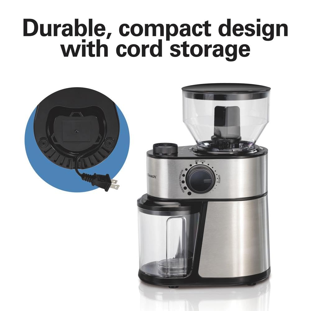 Hamilton Beach Molinillo de café eléctrico con tolva grande de 16 onzas y 18 ajustes para 2-14 tazas, acero inoxidable (80385)