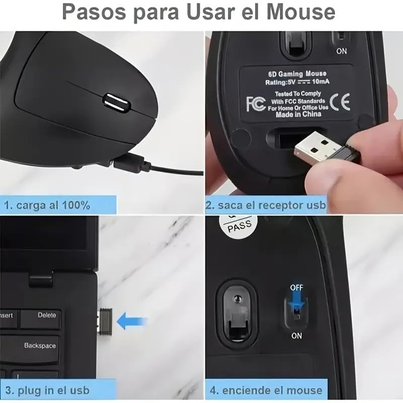 BWEFVB Ratón Ergonómico Vertical Inalámbrico Recargable USB-C, 2400DPI Ajustable - Mouse Inalámbrico Silencioso para Oficina/Juegos, Diseño Antideslizante y Cómodo para Aliviar Dolor de Muñeca (Gris)