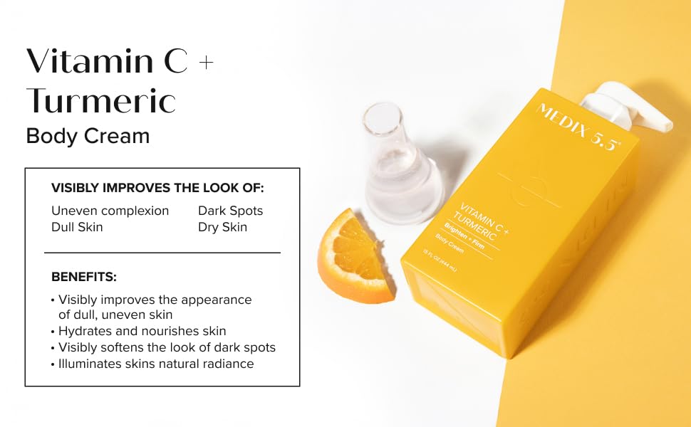 Medix 5.5 Crema de vitamina C con cúrcuma para cara y cuerpo. Crema reafirmante e iluminadora para manchas de edad, manchas oscuras y piel dañada por el sol. Crema antienvejecimiento con vitamina E, jengibre, ginseng. (Dos – 15 oz)