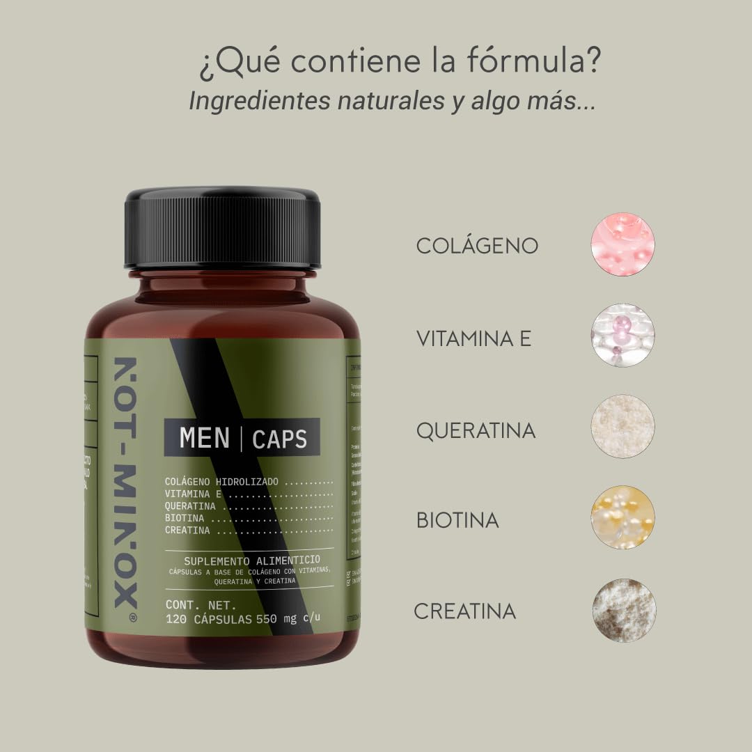NOT-MINOX Men Caps para Crecimiento de Cabello, Barba y Bigote | Multivitamínico con Colágeno Hidrolizado, Biotina, Queratina y Vitamina E | 120 Cápsulas para 120 Días | Vitaminas para el Cabello
