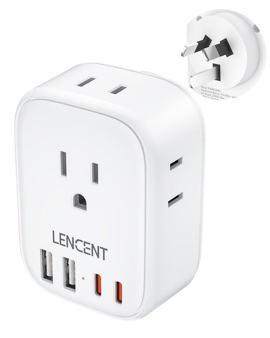 LENCENT Adaptador de Enchufe Australiano Tipo I, Adaptador de Corriente para AU, Cargador con 4 Salidas CA y 4 Puertos USB (2 UBS C), Multicontacto para Viaje de México a Australia, Argentina, Fiyi