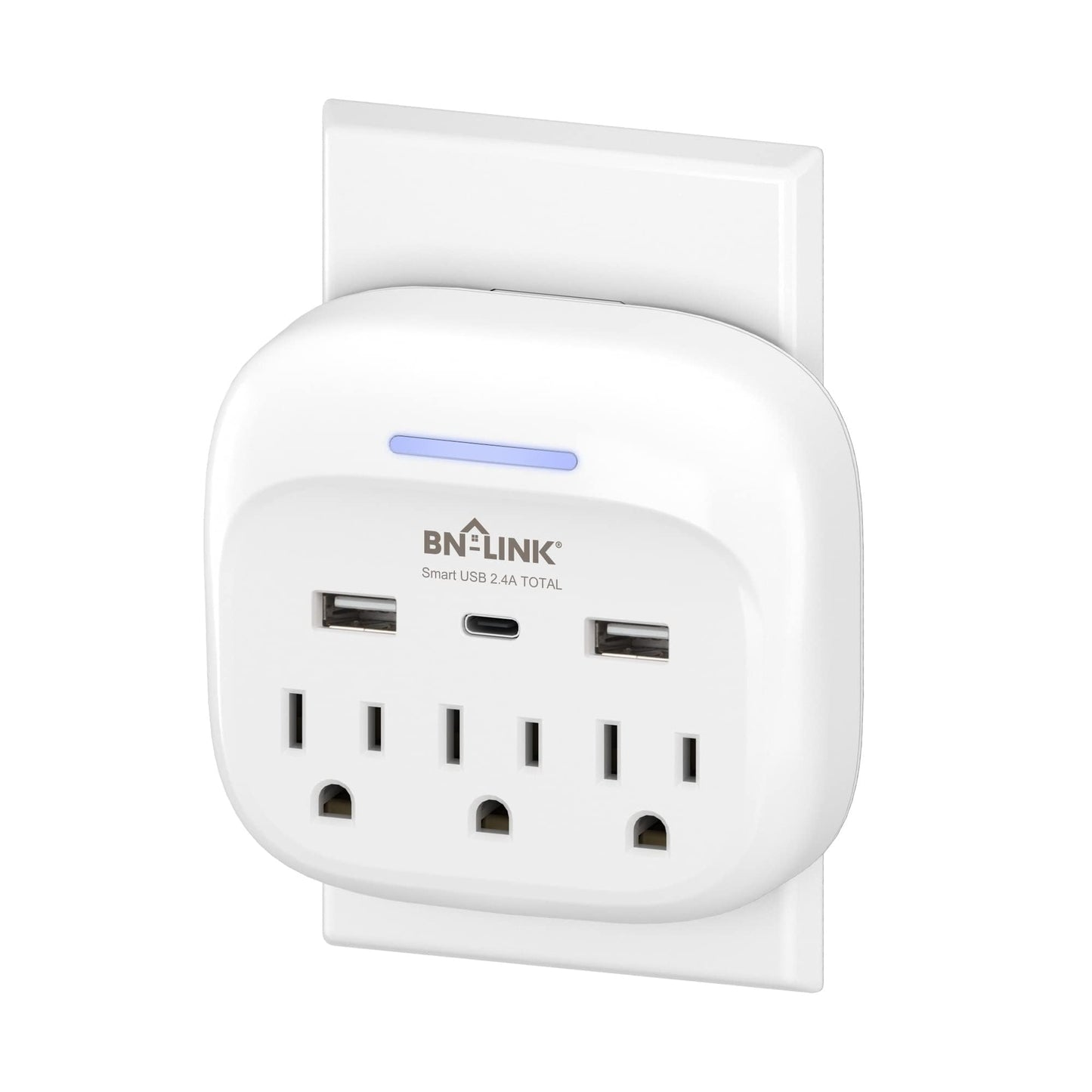 BN-LINK - Extensor de enchufe múltiple con USB, salida protectora de sobretensiones con 3 divisores de salida de CA y 3 puertos USB (1 USB C), toma de pared múltiple para recámara, escuela, viajes