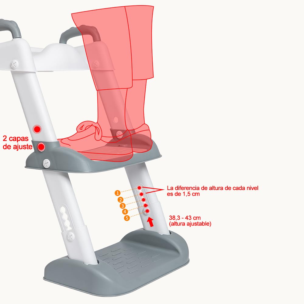 SLNXA Baño Entrenador Niño Asiento de Entrenamiento para Baño para Niños Asiento Entrenador para Inodoro con Escalera Plegable Antideslizante con Acolchonado y Agarres, Edad de 2 a 7 Años (Gris)