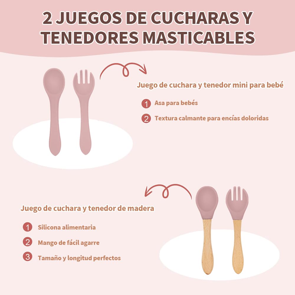 FINYQBET Platos Para Bebés De Silicona Con Tazón Cuchara Tenedor Babe,Set de 8 Piezas para Bebés,Plato para Bebe con Ventosas, Ajustable,Rosa