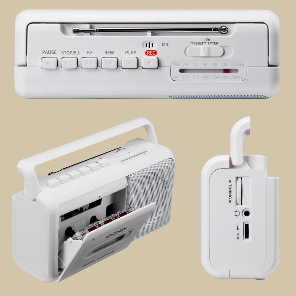 Gelielim Boombox - Reproductor de cassette, radio estéreo portátil AM/FM, reproductor de cinta de casete con altavoz grande y conector para auriculares, funciona con pilas o reproductor de cinta con alimentación de CA