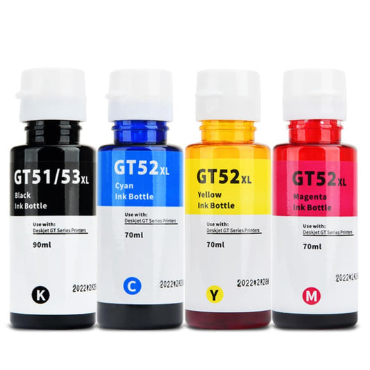 LizzVicc Pack de Tinta Genérica para HP GT53 / GT52 – 2 Botellas Negras (90 ml c/u) + 1 Cian, 1 Magenta y 1 Amarillo (70 ml c/u) – Compatible con Ink Tank 115, 315, 415 y Smart Tank 500, 515, 530, 615