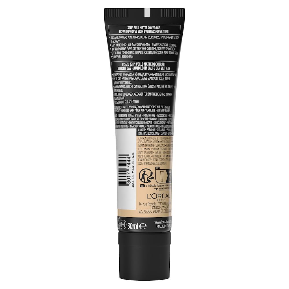 L'Oréal Paris, base de maquillaje de alta cobertura matte y larga duración, Infallible 32h Matte Cover, Tono 155