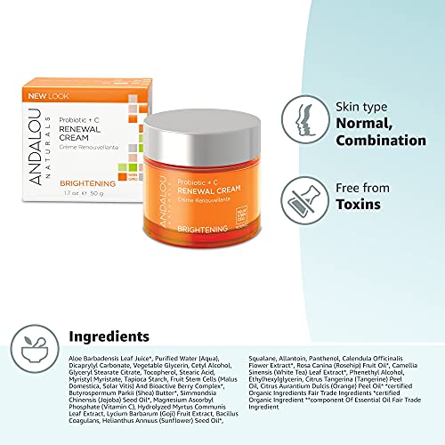 Crema Renovadora Andalou Naturals con Probióticos y Vitamina C, 1.7 oz - Iluminación y Rejuvenecimiento de la Piel - Cuidado Facial Natural y Efectivo