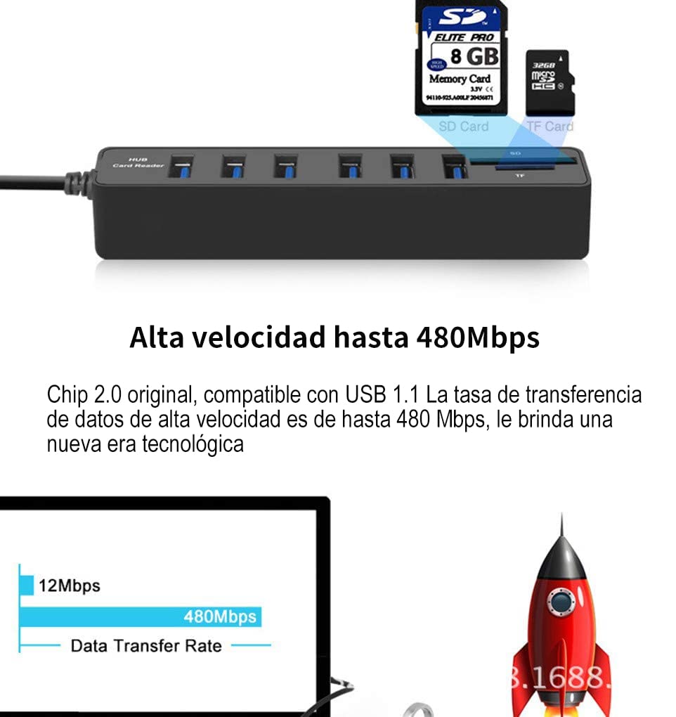 CARYWON Hub USB, Adaptador Extensión USB con 6 Puertos USB 2.0, Lector de Tarjetas SD/TF, 8 en 1 Puerto Portátil USB 2.0 para Macbook Air, iMac, Windows Surface, Ultrabook y Otro Laptop o PC, Negro