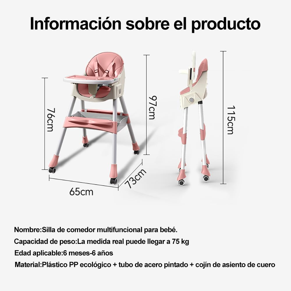 SLNXA Silla Alta para Bebé Multifuncional Silla de Comedor, Sillón y Mecedora en Uno con Ruedas Universales, Plato Llano Doble Extraíble, Cesta de Almacenamiento y Cojín de PU, Ajustable Plegable (Rosa)