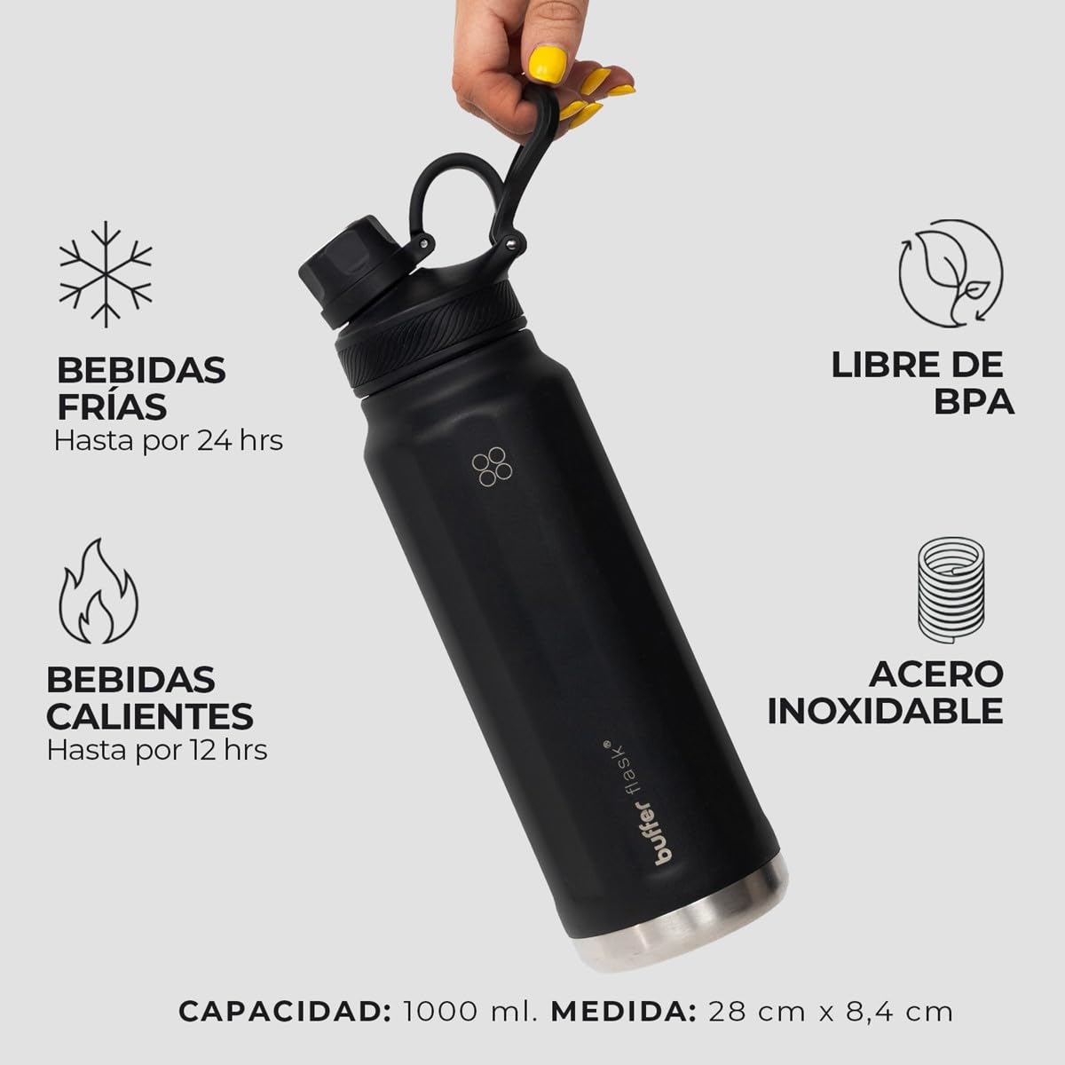 BUFFER FLASK - Termo de Acero Inoxidable | Botella Aislante para Bebidas, Agua Fría (24 horas) o Caliente (12 horas) | Antigoteo, Hermético| Incluye tapas | 1000 ml - 32 Oz| Color Black