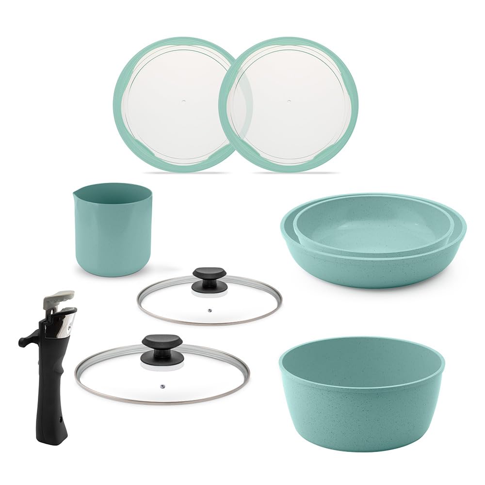 JADECOOK Batería de Cocina Jade Smart 14 piezas mango desmontable con 6 Capas de Recubrimiento Antiadherente Libre de Toxicos
