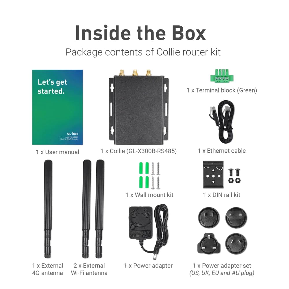 GL-X300B (Collie) 4G LTE VPN Puerta de enlace inalámbrica industrial, antenas externas 4G de banda completa, perro de guardián de hardware, al mando, cifrado DNS, solo 2.4GHz (RS485)