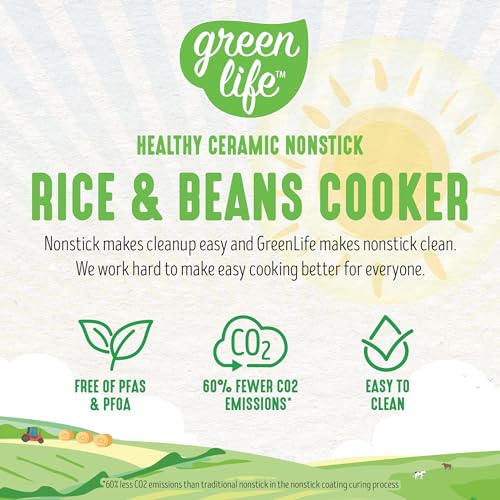 GreenLife - Olla digital de arroz y frijoles, 2 tazas sin cocinar/4 tazas cocidas, olla extraíble de cerámica antiadherente sin PFAS, preestablecidos de un solo toque, avena, quinua, arroz integral