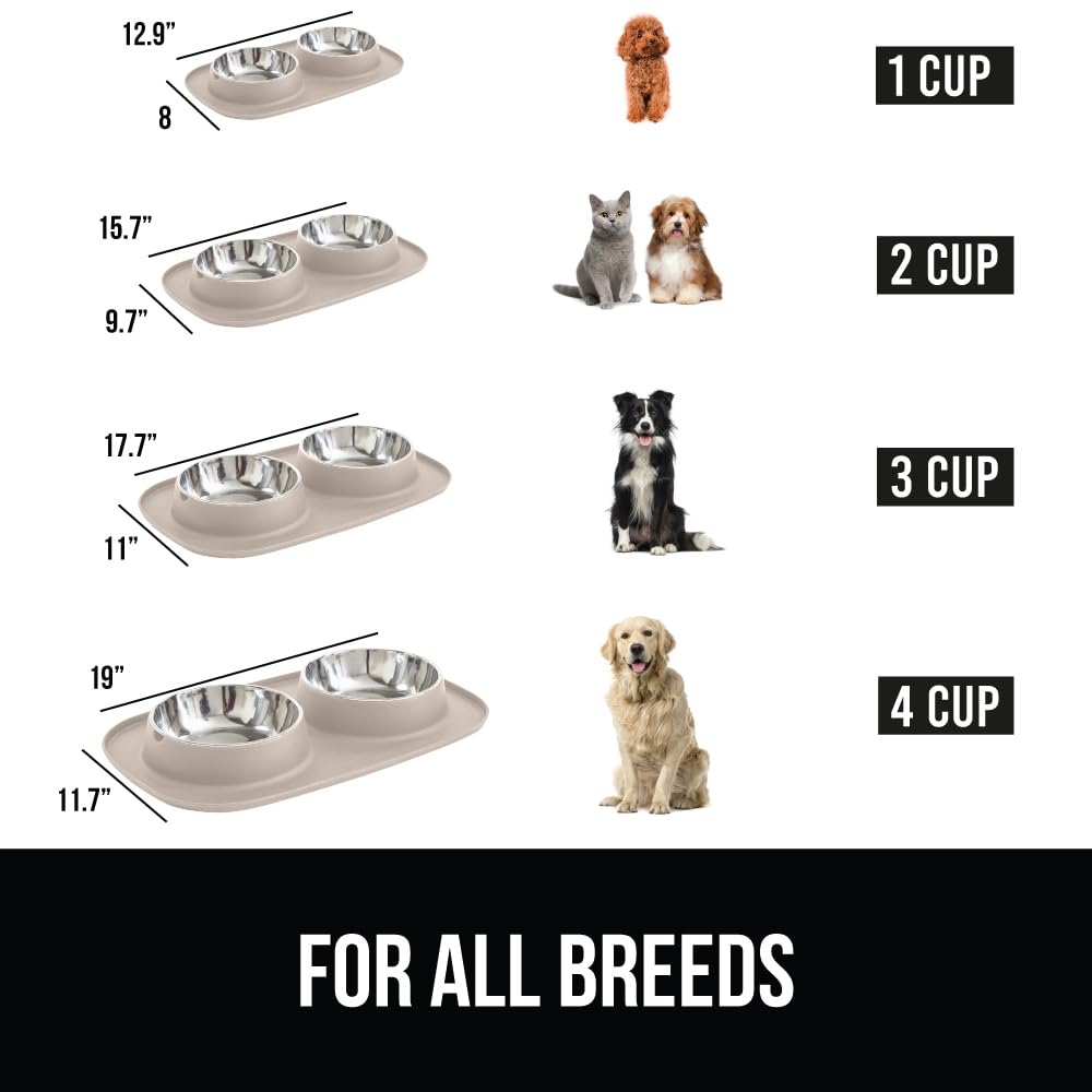 Gorilla Grip Slip Resistant Pet Bowls and Silicone Feeding Mat Set, 3 Cups, Catch Water and Food Mess, Raised Edges for No Spills, Stainless Steel Cat and Dog Dish Bowl, Patent Pending Design, Beige