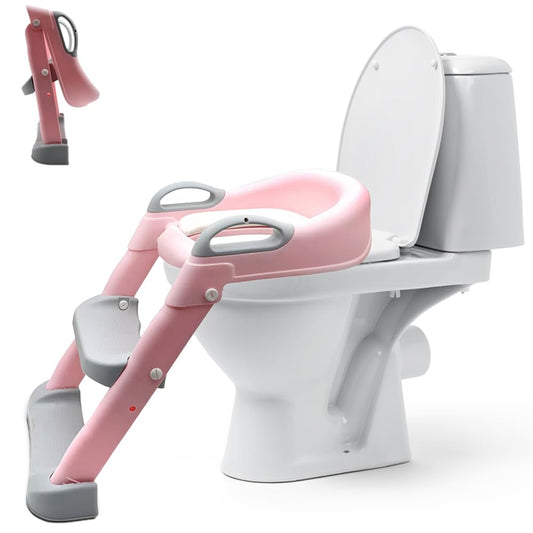 Jiula Asiento Entrenador para Baño con Escalera Antideslizante, Baño Entrenador Niño, Plegable Escalera para Baño Niños, Fácil de Guardar, Asiento Ergonómico, Edad de 3 a 10 Años, Tapizado, Rosa