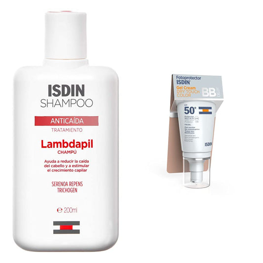 ISDIN Lambdapil, Champú Anticaída, Ayuda a Reducir la Caída del Cabello y Estimula el Crecimiento Capilar, 200ml + Fotoprotector spf 50+ Gel Crema Dry Touch C