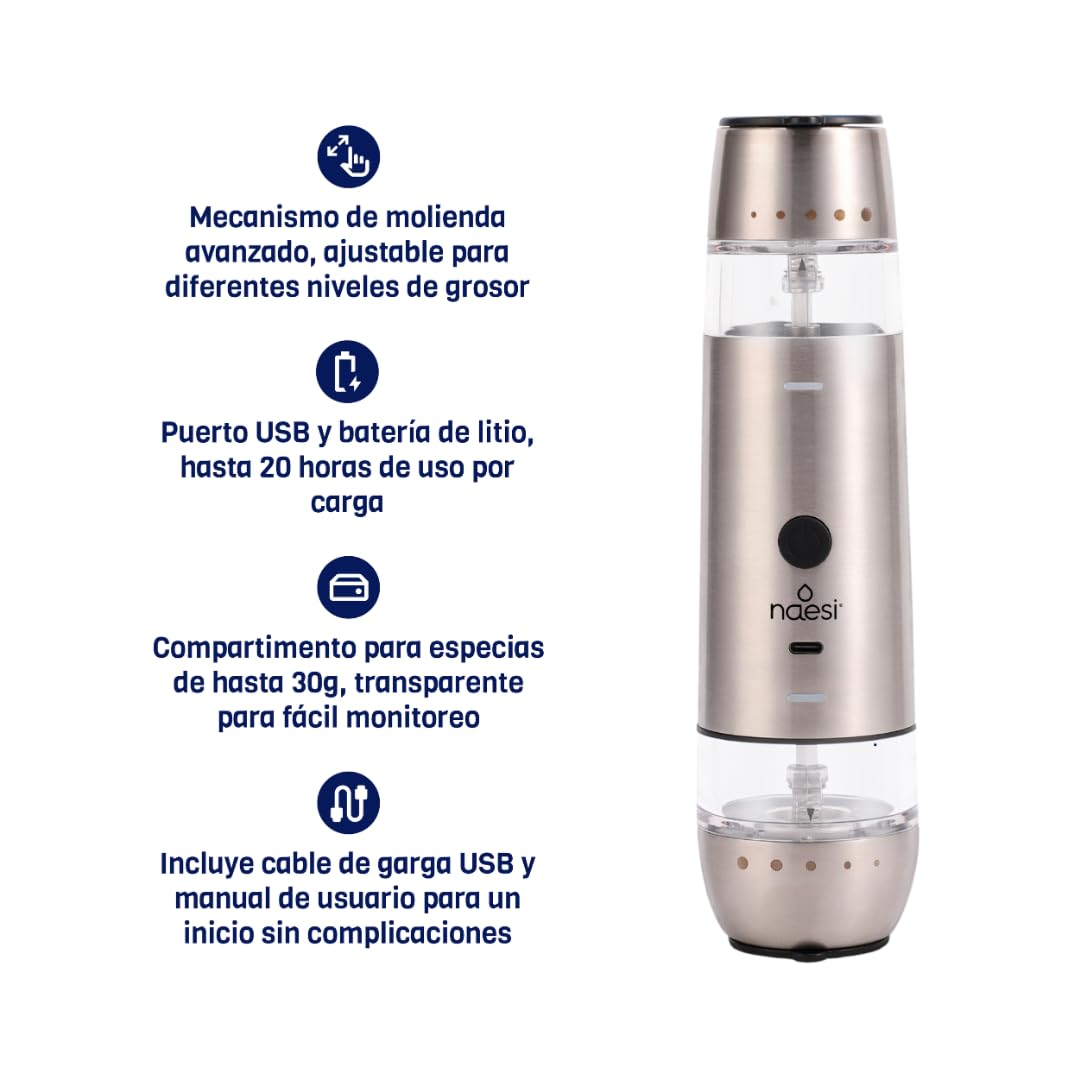 Salero Pimentero Eléctrico Naesi Vidrio y Acero Inoxidable Ajustable y Recargable para Especias, Sal y Pimienta