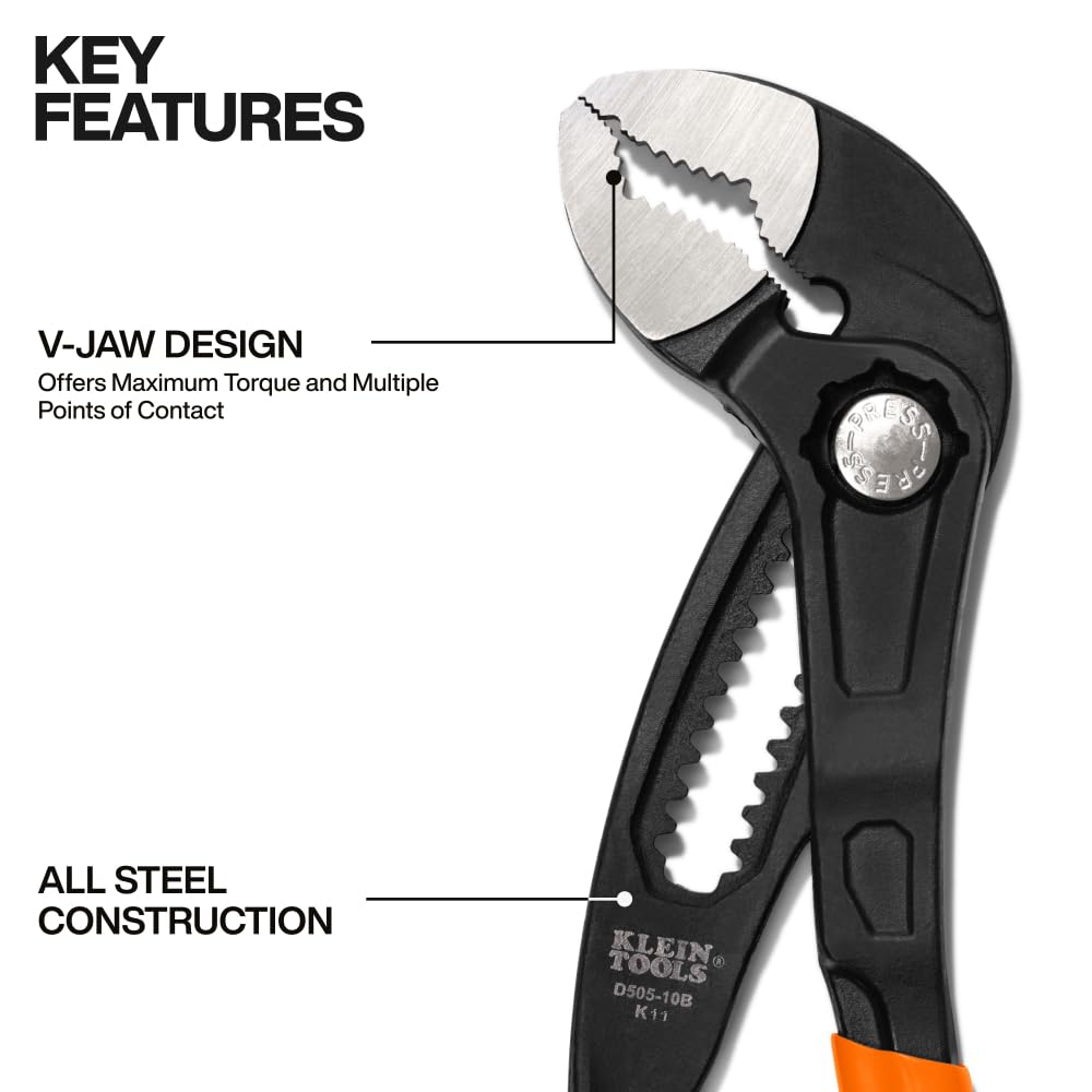 Klein Tools D50510B - Alicates de bomba, ajuste rápido, mandíbula curvada, dientes endurecidos para un par máximo, 10 pulgadas