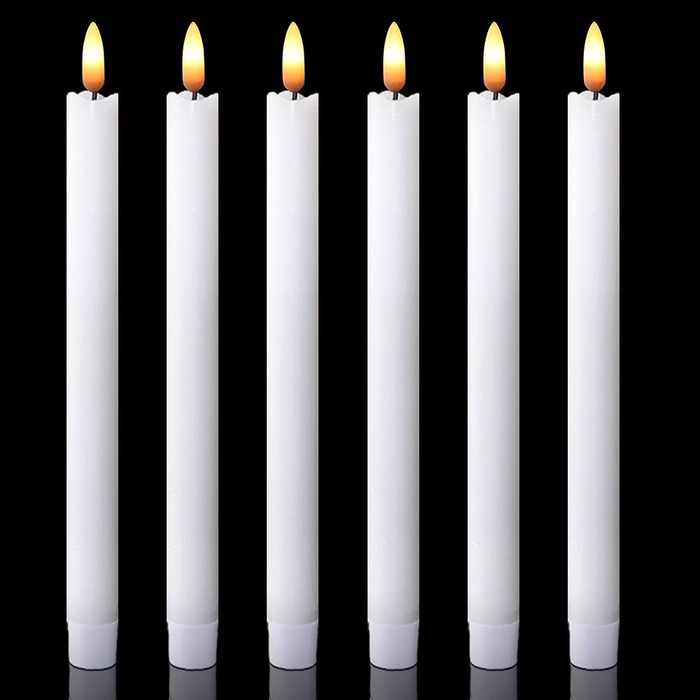 DRomance - Velas LED cónicas blancas sin llama, con temporizador de 6 horas, cera real 3D con mecha, decoración para hogar y eventos especiales (paquete de 6, 0.78 x 0.78 x 9.64 pulgadas)