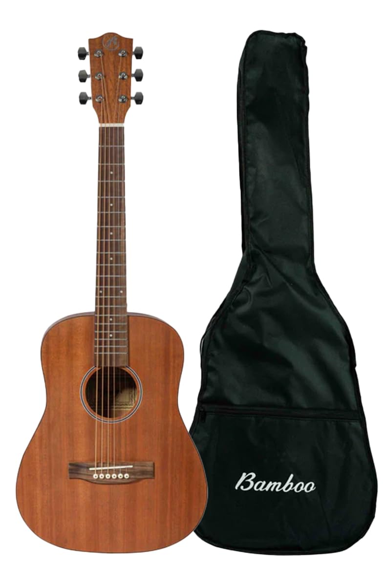 BAMBOO, Guitarra Acustica Travel Mahogany, Tamaño 1/2, para principiantes, adultos, viajes, 34 pulgadas, Funda Acolchada, madera Mahogany