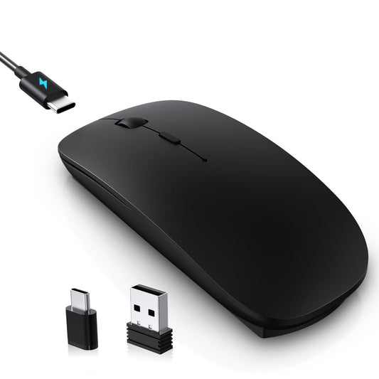cimetech Ratón inalámbrico Receptor USB A y Tipo C, Clic silencioso, Recargable Tipo C, Revestimiento de Goma Suave al Tacto, ratón de Viaje Delgado para Ordenador portátil MacBook Air/Pro -Negro