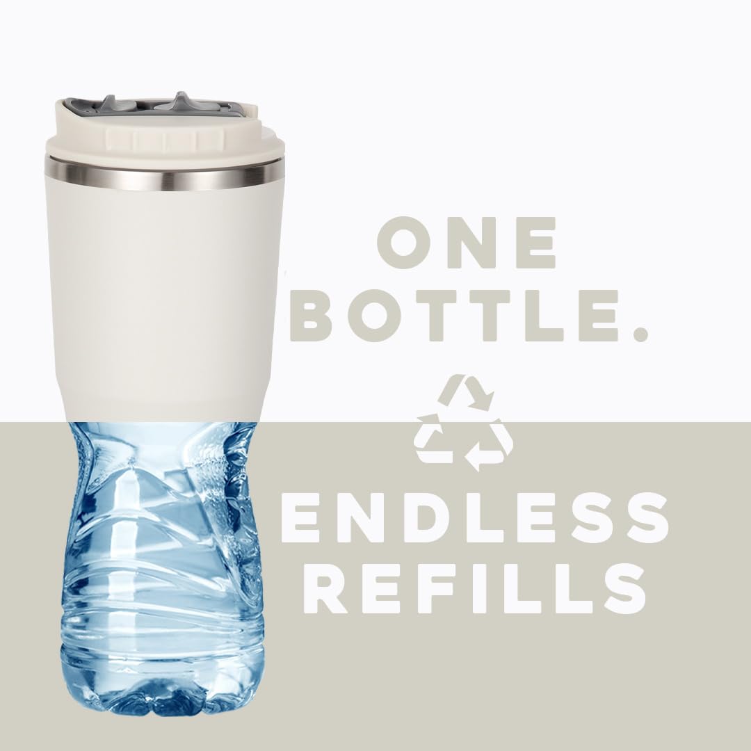 Buffer Flask - Vaso Térmico 600 ml - Termo para Café y Agua de Acero Inoxidable - Tapa Anti Derrame y Fugas - Taza Tumbler Mug para Bebidas Frías y Calientes - Incluye Popote - Color Ivory