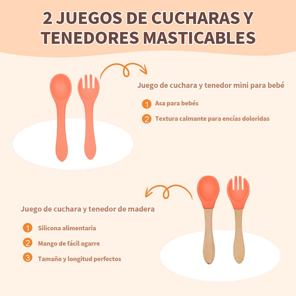 FINYQBET Platos Para Bebés De Silicona Con Tazón Cuchara Tenedor Babe,Set de 8 Piezas para Bebés,Plato para Bebe con Ventosas, Ajustable,NARANJA