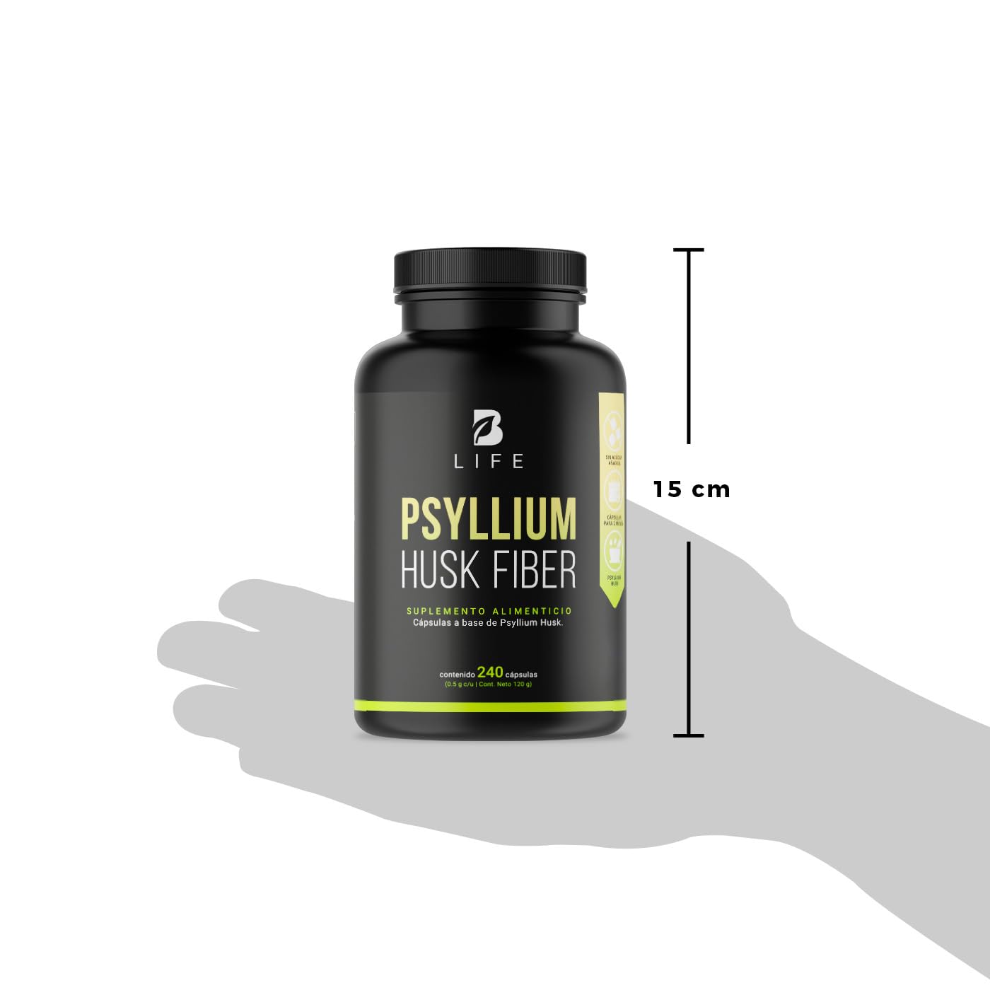 Fibra de Psyllium Husk (Plantago Ovata) 240 Cápsulas 2000 mg por porción. Ingredientes Naturales. Psyllium Husk Fiber B Life
