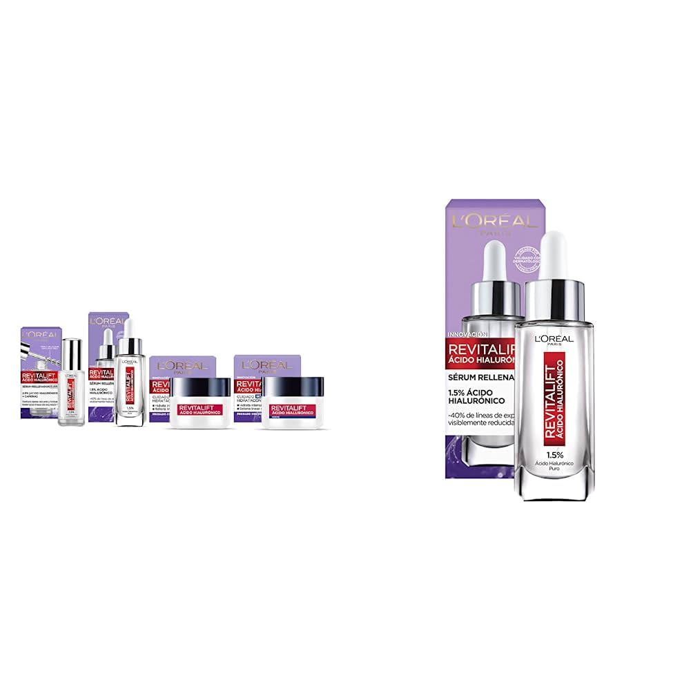 L'OREAL PARIS Kit Ácido Hialurónico serum+ serum ojos+ crema dia+ crema noche, Blanco, 4 unidad + L'Oreal Paris Serum Facial Anti Arrugas Acido Hialuronico Revitalift L'Oreal Paris