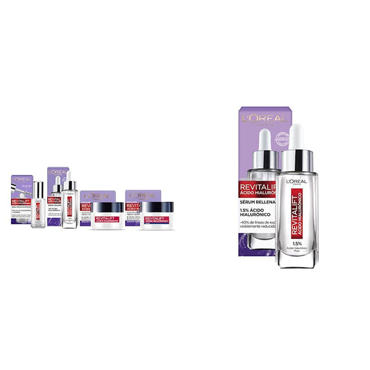 L'OREAL PARIS Kit Ácido Hialurónico serum+ serum ojos+ crema dia+ crema noche, Blanco, 4 unidad + L'Oreal Paris Serum Facial Anti Arrugas Acido Hialuronico Revitalift L'Oreal Paris