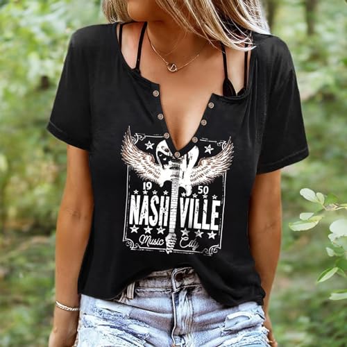 Rock and Roll - playera sin mangas con alas de guitarra, concierto, estilo clásico, country, con cuello en V, sexy, sin mangas, para mujer, Nashville B, S