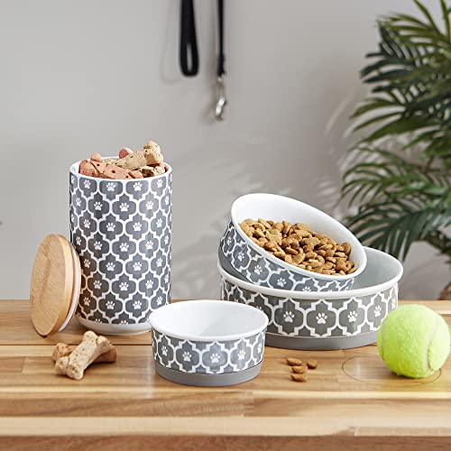 DII Bone Dry Lattice Ceramic Pet Bowl for Food & Water with Non-Skid Silicone Rim for Dogs and Cats (Small - 4.25" Dia x 2"H) Gray - Set of 2
