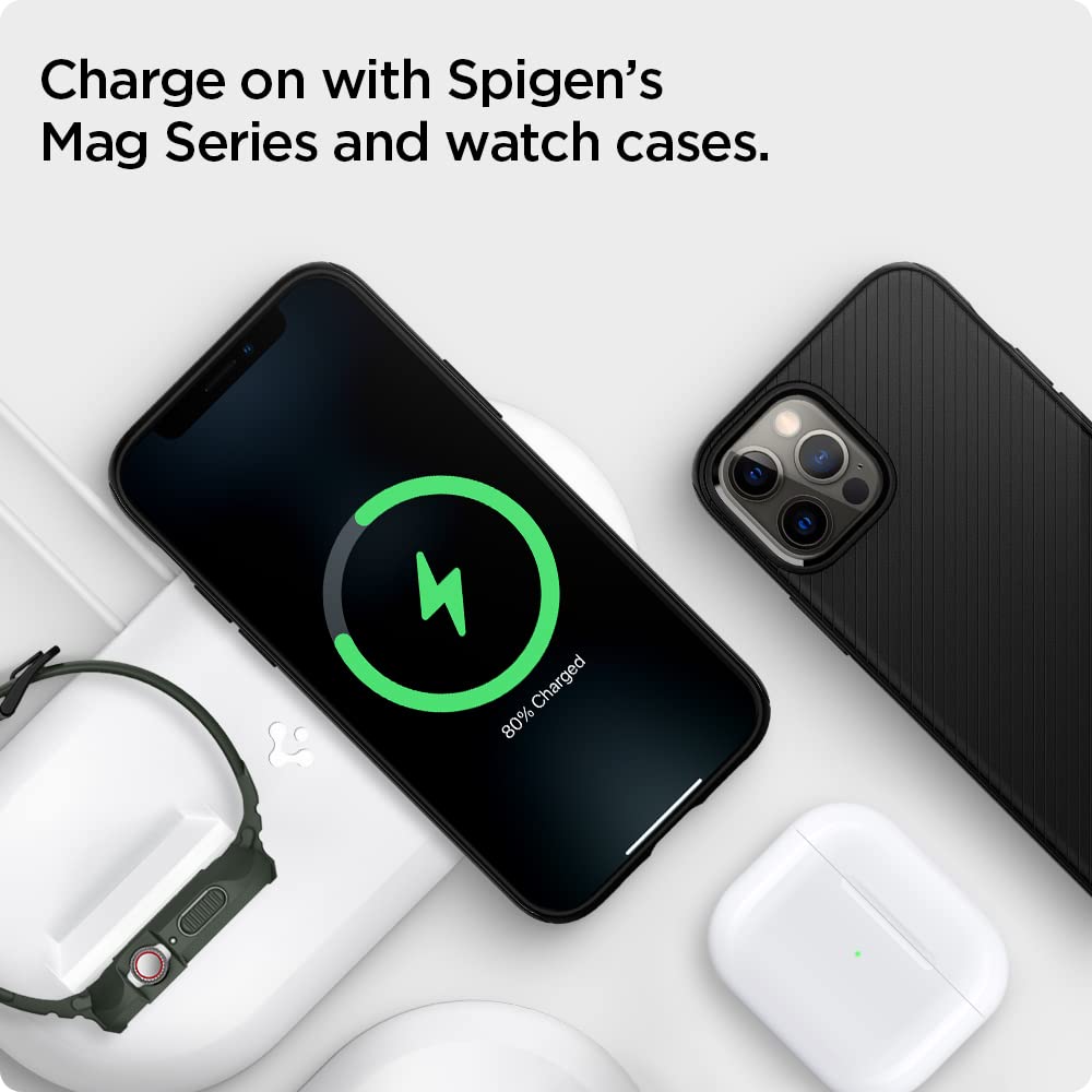 Spigen mag Fit Duo diseñado para Soporte de Cargador MagSafe para Modelos iPhone 16, iPhone 15, iPhone 14, iPhone 13, iPhone 12/Soporte Apple Watch para Todas Las Series/Airpods - Blanco