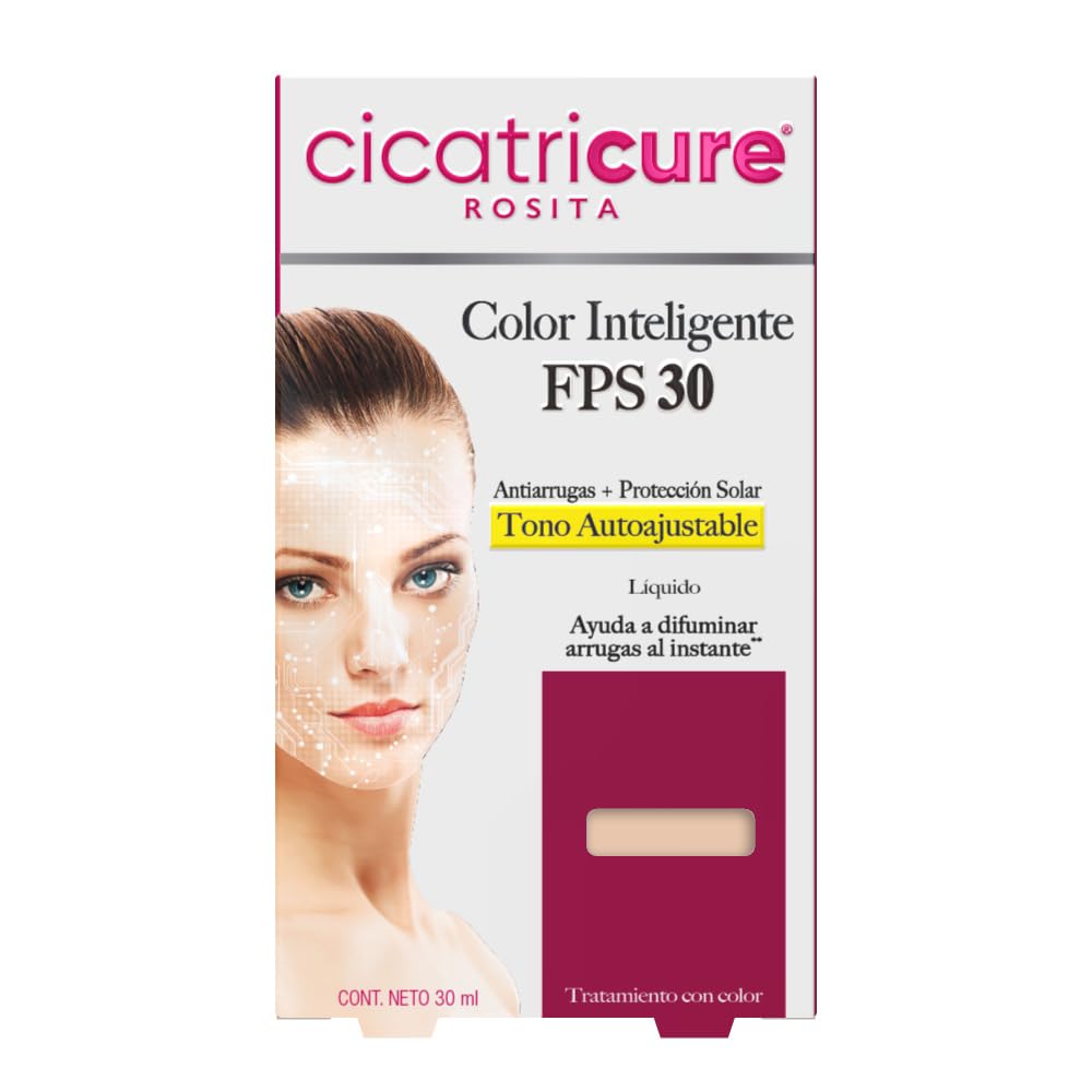 CICATRICURE - Maquillaje líquido color inteligente FPS 30. Efecto anti-arrugas y protección solar, tono auto-ajustable con pigmentos que se adaptan al color de la piel, presentación de 30ml