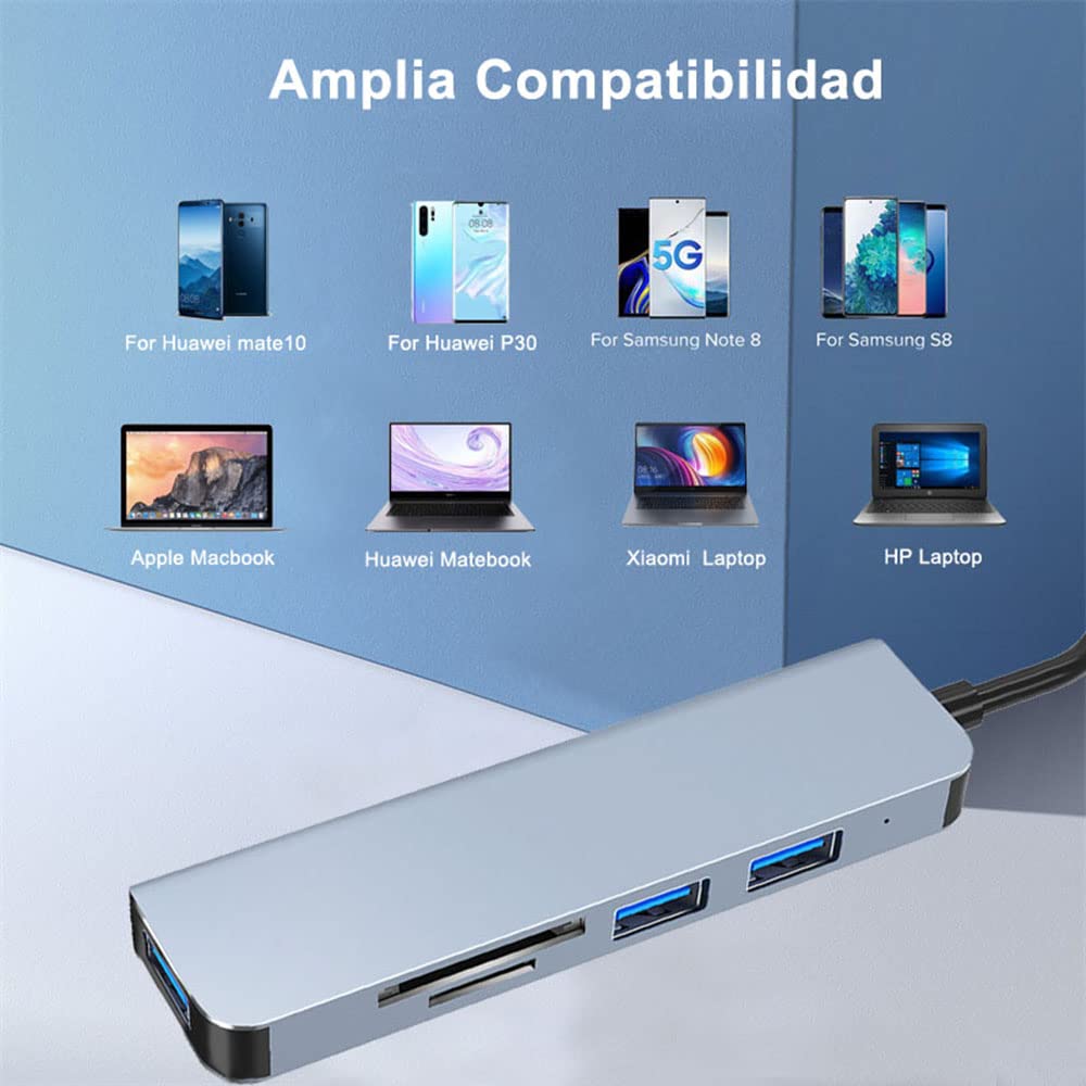 Hub USB C, 5 en 1 Adaptador Multipuerto USB C 3.0 con 3 Puertos USB Lector de Tarjetas SD/Micro SD, Compatible con MacBook Air/Pro iPad Chromebook Lenovo Huawei Surface