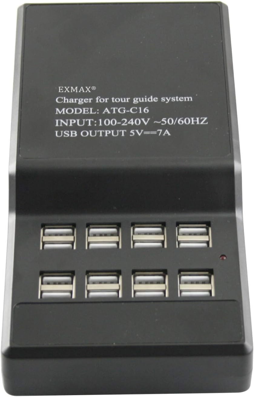 Sistema de Monitorización Auriculares Inalámbricos EXMAX ATG-100T 195-230 MHz para Interpretar en Iglesias y Conferencias con Cargador USB de 16 Puertos